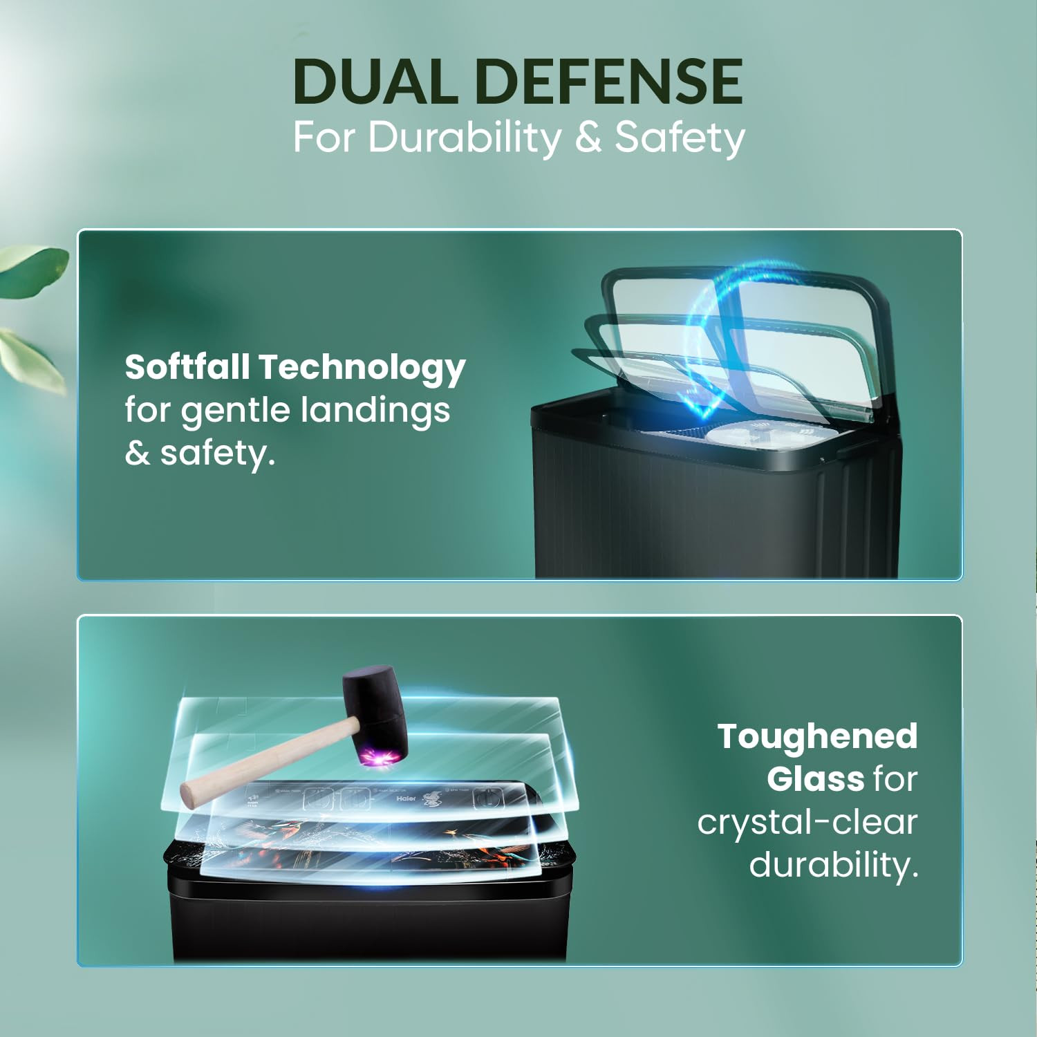 Haier 9 kg 5 Star Toughened Glass Vortex pulsator Semi Automatic Top Load HTW90-178FLBlack