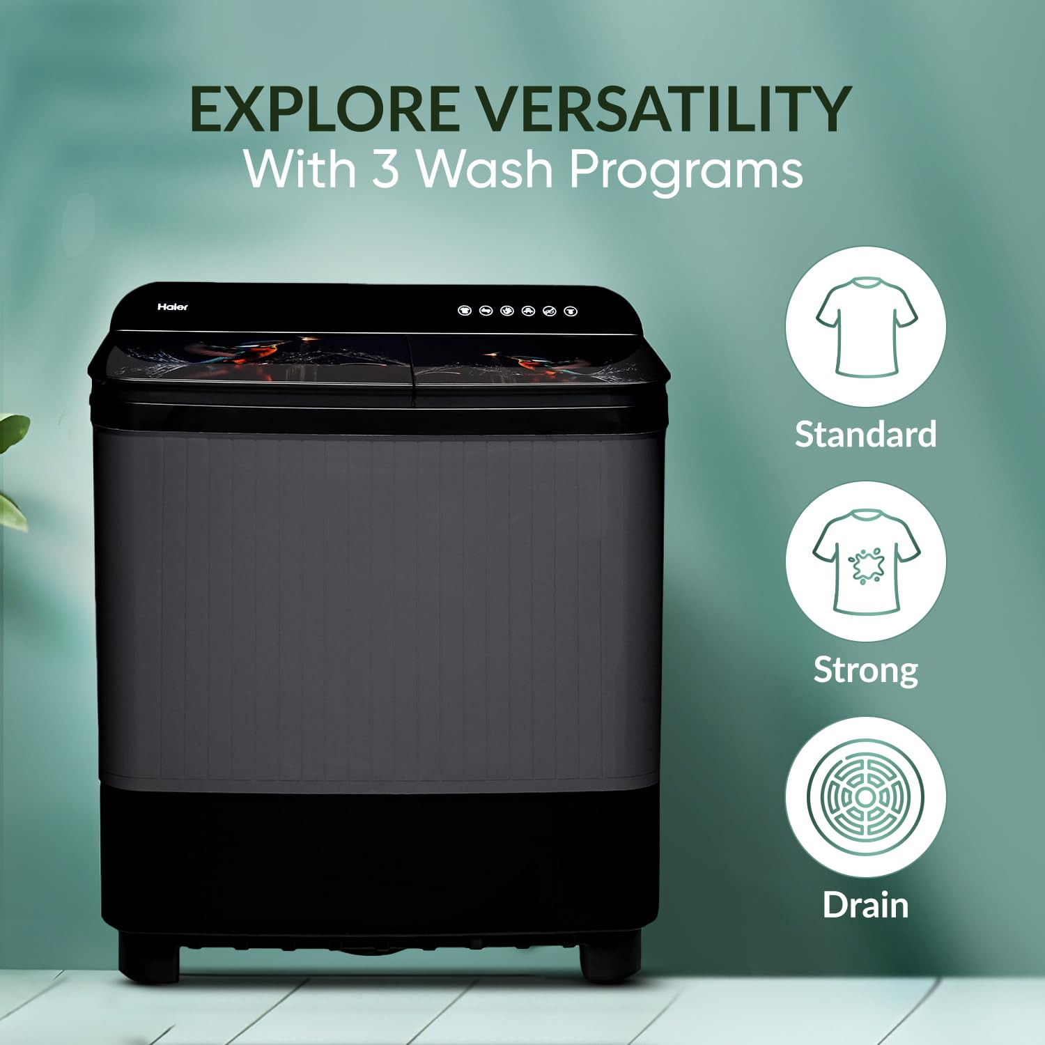 Haier 9 kg 5 Star Toughened Glass Vortex pulsator Semi Automatic Top Load HTW90-178FLBlack