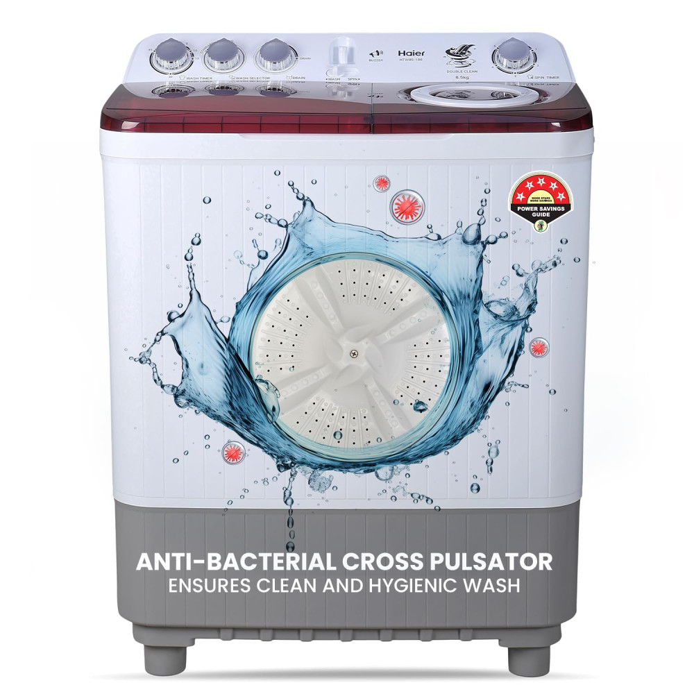 Image of Haier 9 kg 5 Star Vortex Pulsator Semi Automatic Top Load Washing Machine (HTW90-186, Anti rat mesh, Magic Filter, Castors, Burgundy)