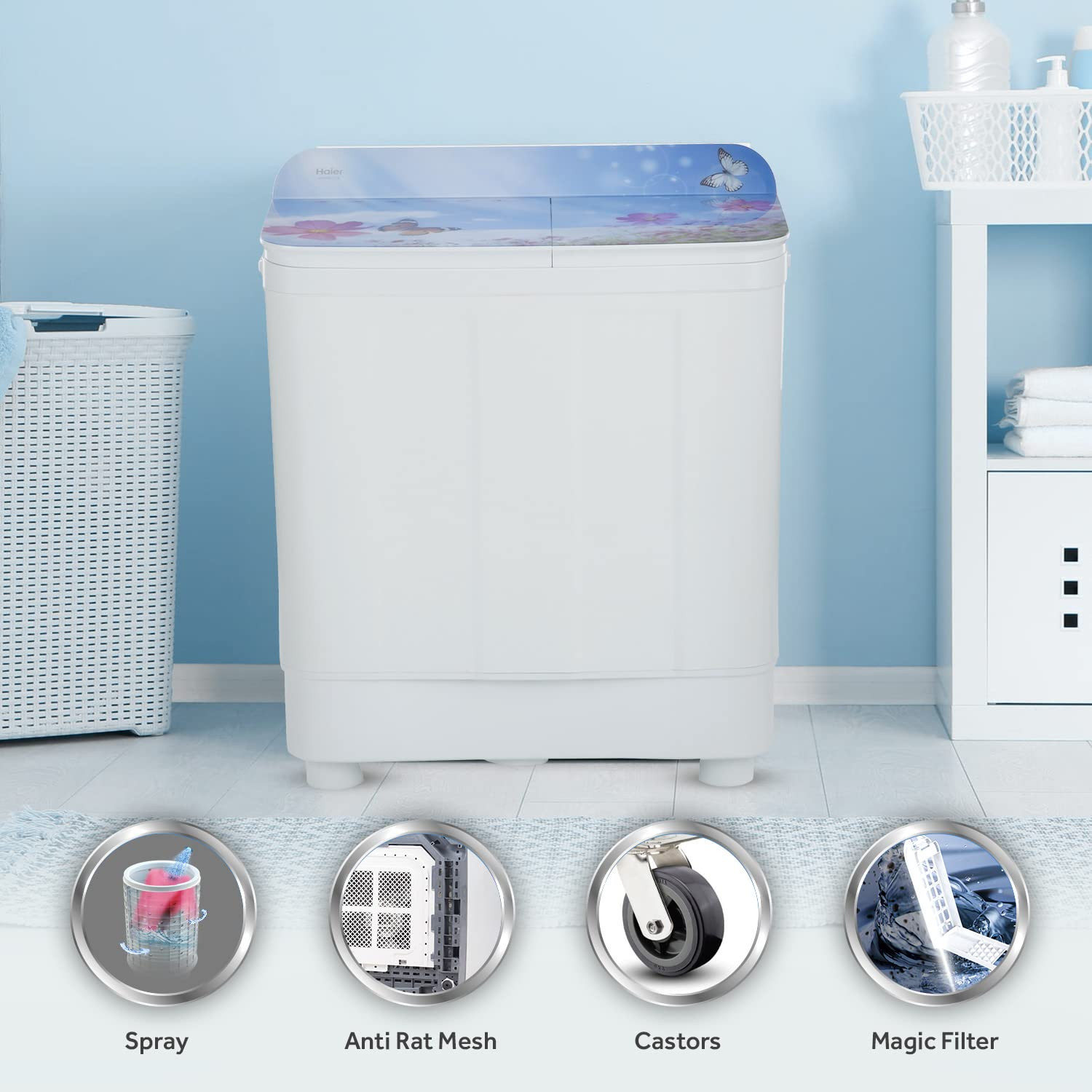 Haier 95 Kg 5 Star Voltex Pulsator Semi-Automatic Top Load Washing Machine HTW95-178 Flowers World