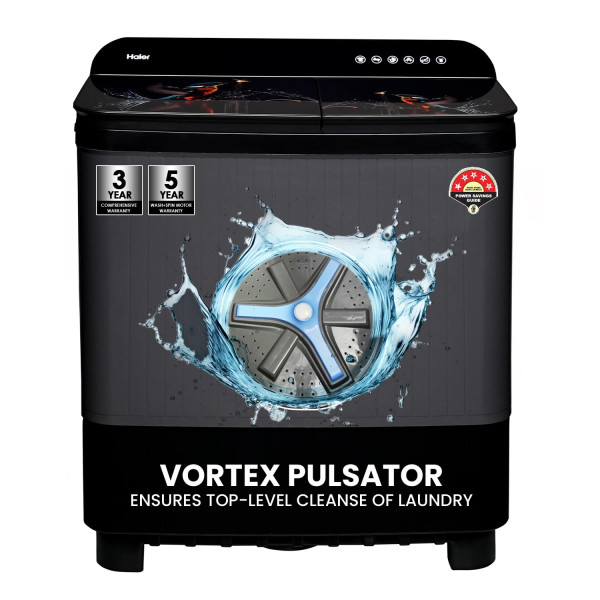 Image of Haier 9kg 5 Star Semi-Automatic Top Load Washer - Gas Softfall Technology, Anti-Bacterial Vortex, Magic Filter, Rat Mesh, Black