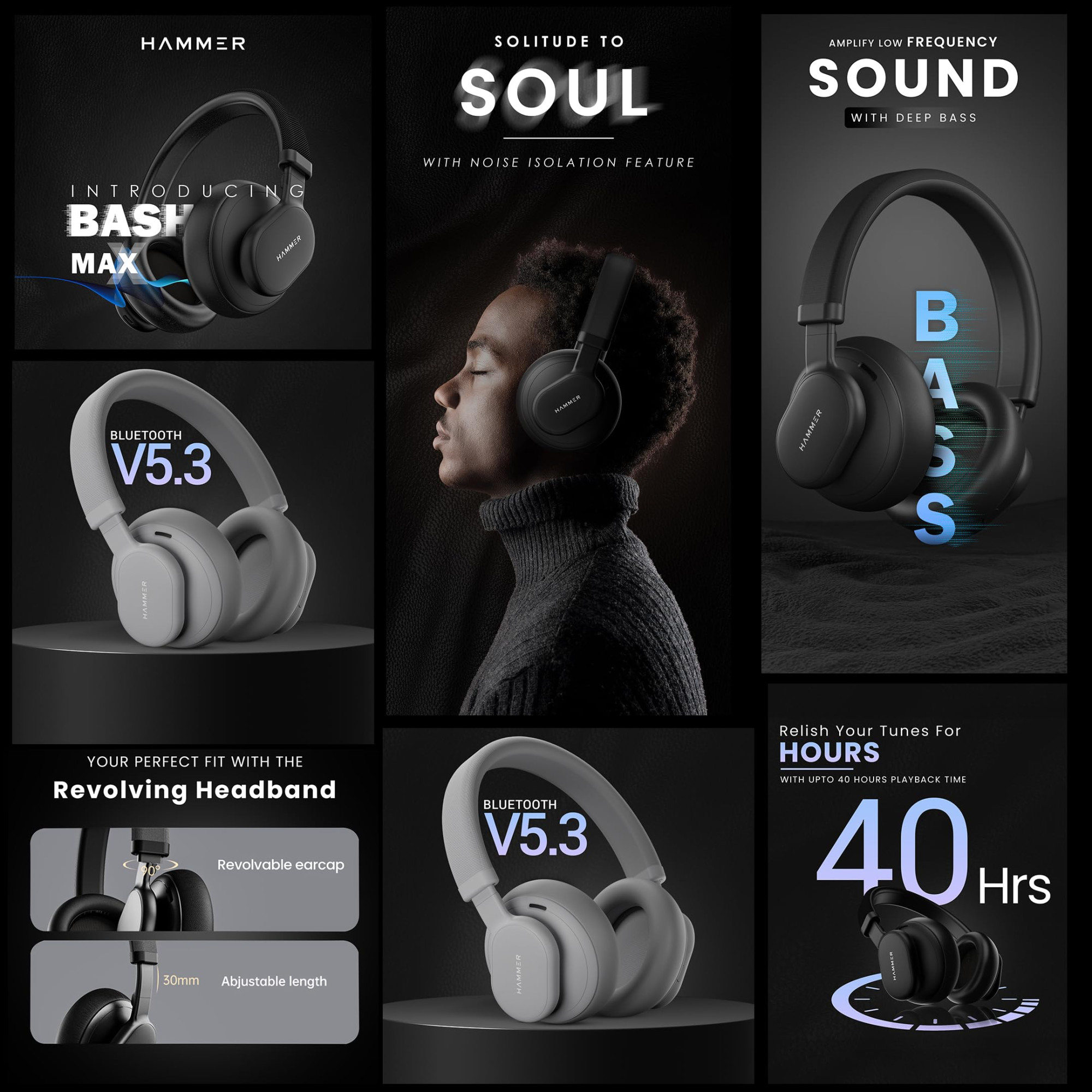 HAMMER Bash Max Over The Ear Wireless Bluetooth Headphones with Mic Touch Control Deep Bass Upto 40 Hours Playtime Bluetooth 53 WorkoutTravel Black