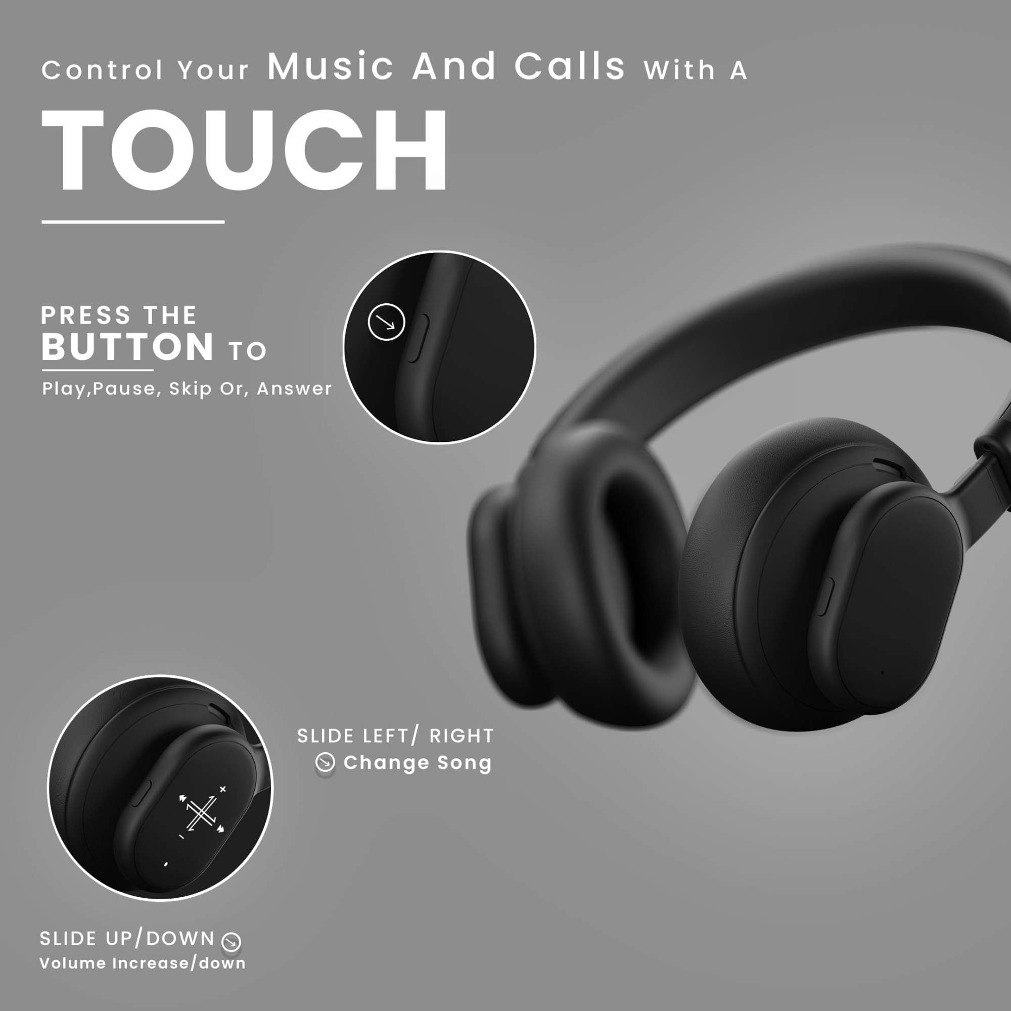 HAMMER Bash Max Over The Ear Wireless Bluetooth Headphones with Mic Touch Control Deep Bass Upto 40 Hours Playtime Bluetooth 53 WorkoutTravel Black