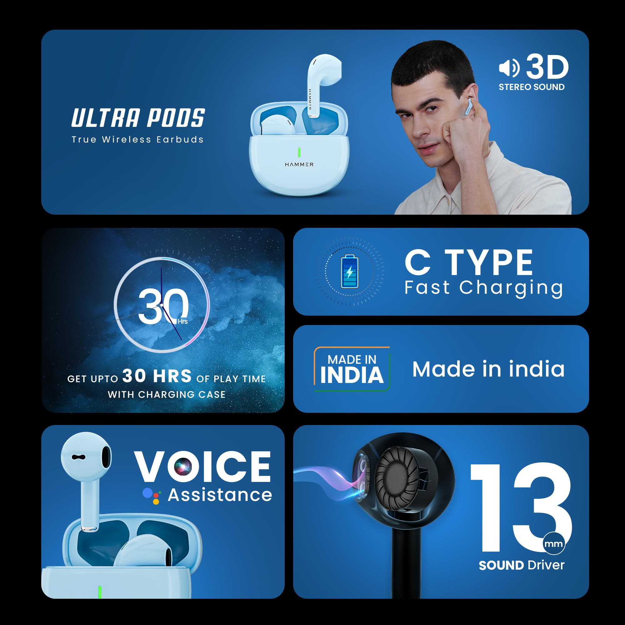 HAMMER New Launch Ultra Pods TWS Wireless Bluetooth Ear buds Inbuilt Mic 100H Standby Time Earbuds with 30H Playtime USB Type-C13mm Dynamic Drivers IPX5 Water Resistant Bluetooth EarphonesBlue