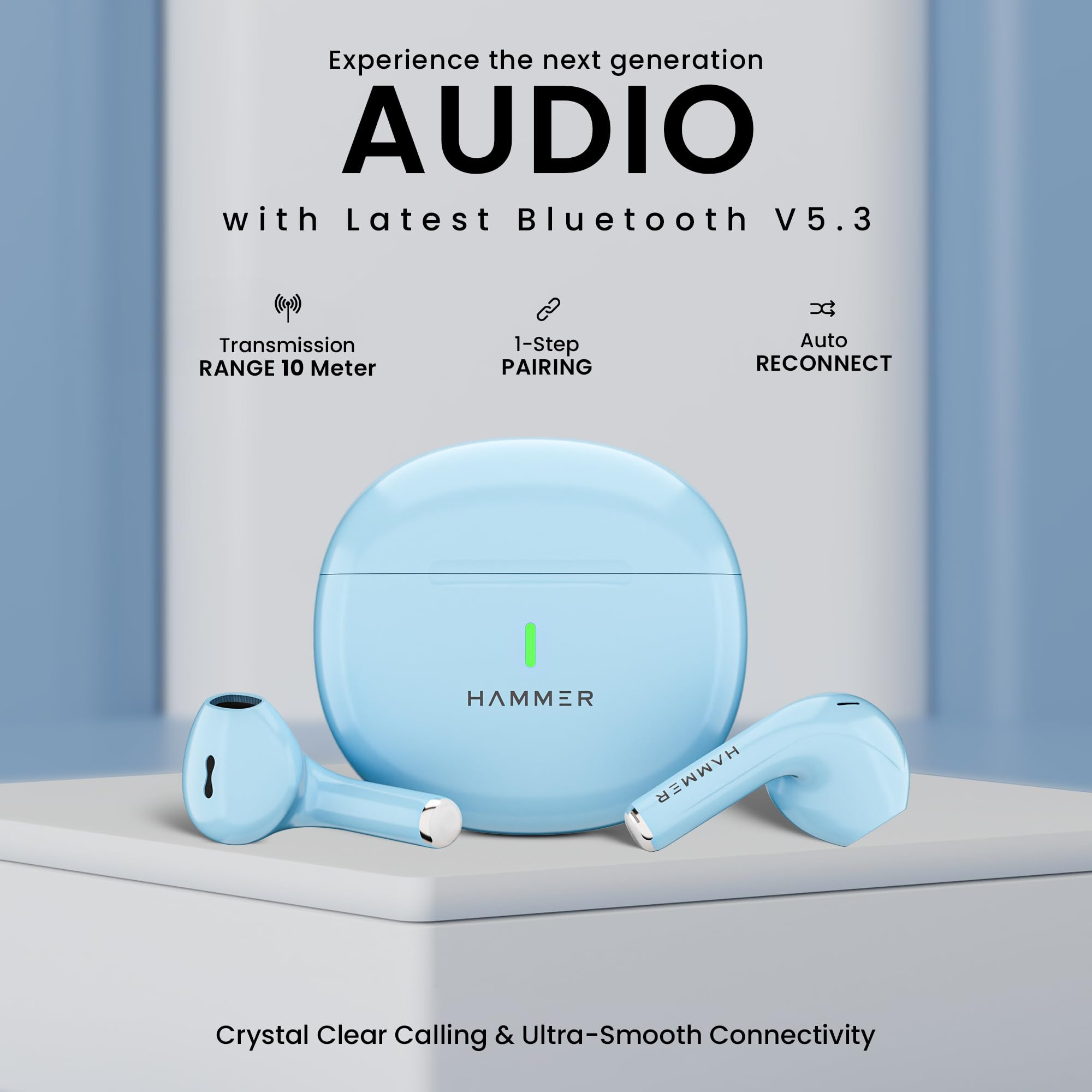 HAMMER New Launch Ultra Pods TWS Wireless Bluetooth Ear buds Inbuilt Mic 100H Standby Time Earbuds with 30H Playtime USB Type-C13mm Dynamic Drivers IPX5 Water Resistant Bluetooth EarphonesBlue
