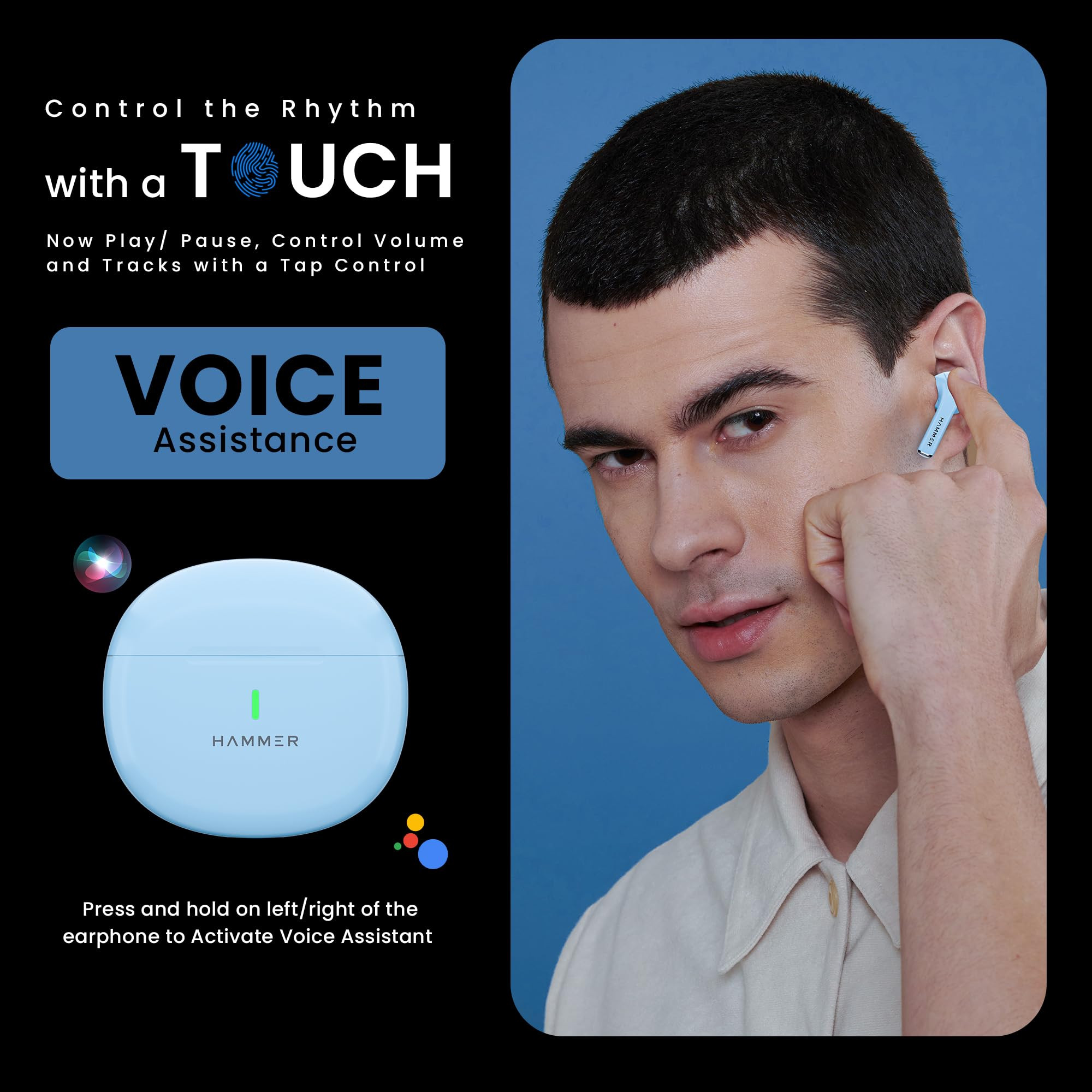 HAMMER New Launch Ultra Pods TWS Wireless Bluetooth Ear buds Inbuilt Mic 100H Standby Time Earbuds with 30H Playtime USB Type-C13mm Dynamic Drivers IPX5 Water Resistant Bluetooth EarphonesBlue