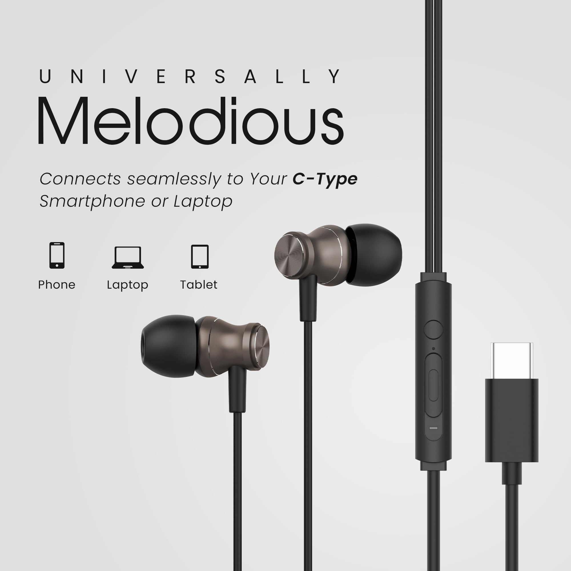 HAMMER Nova in Ear C Type Earphones Wired with Mic13mm Driver in-line Control Metallic Built Powerful Bass Comfortable Lightweight Black