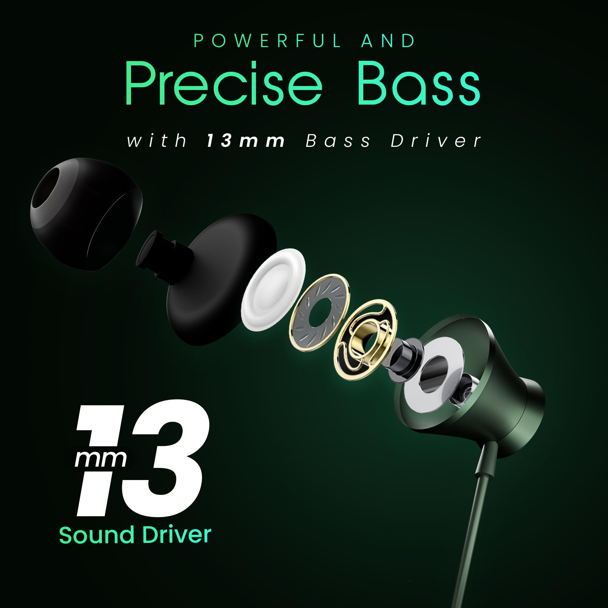 HAMMER Nova in Ear C Type Earphones Wired with Mic13mm Driver in-line Control Metallic Built Powerful Bass Comfortable Lightweight Green