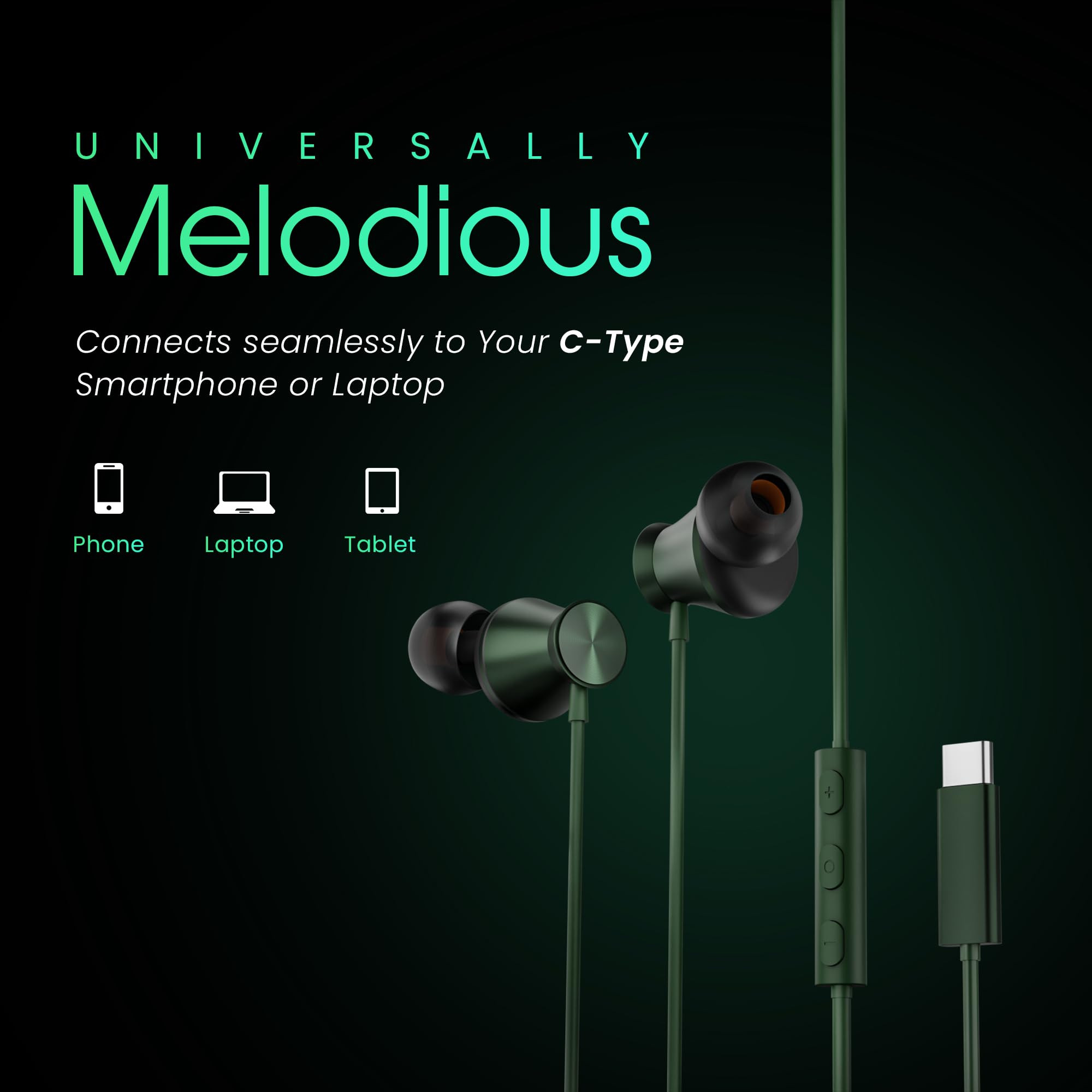 HAMMER Nova in Ear C Type Earphones Wired with Mic13mm Driver in-line Control Metallic Built Powerful Bass Comfortable Lightweight Green