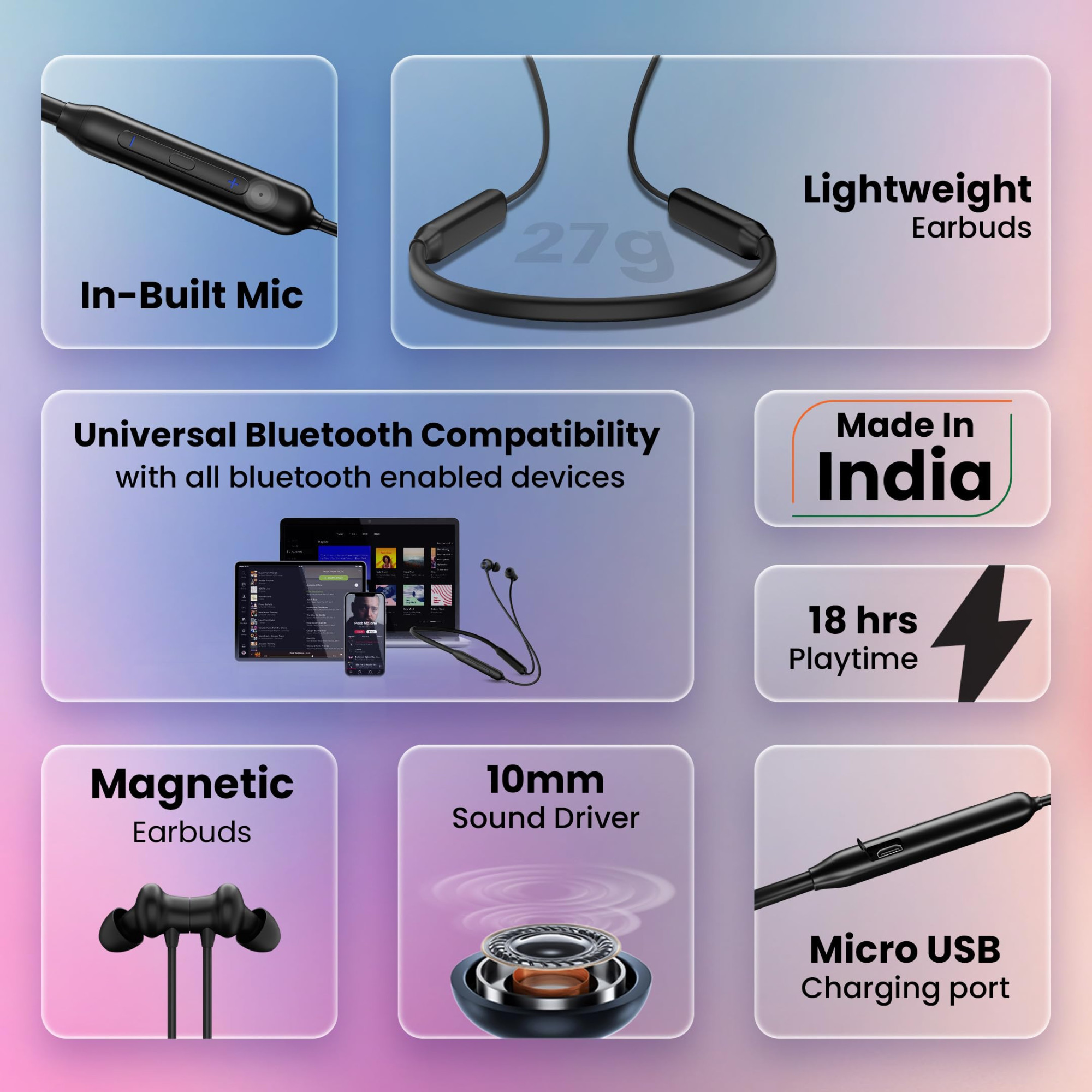 HAMMER Splendor in Ear Bluetooth Neckband with Magnetic Earbuds Deep Bass Built-in Mic Upto 18 Hrs Playtime BT 52 Micro USB Charging Port Black