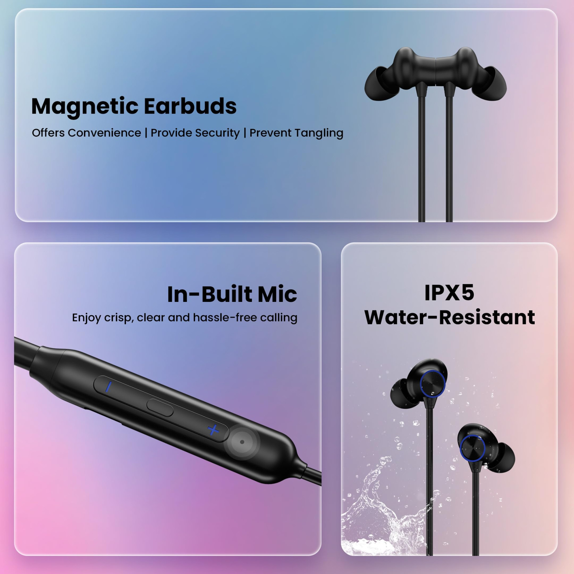 HAMMER Splendor in Ear Bluetooth Neckband with Magnetic Earbuds Deep Bass Built-in Mic Upto 18 Hrs Playtime BT 52 Micro USB Charging Port Black