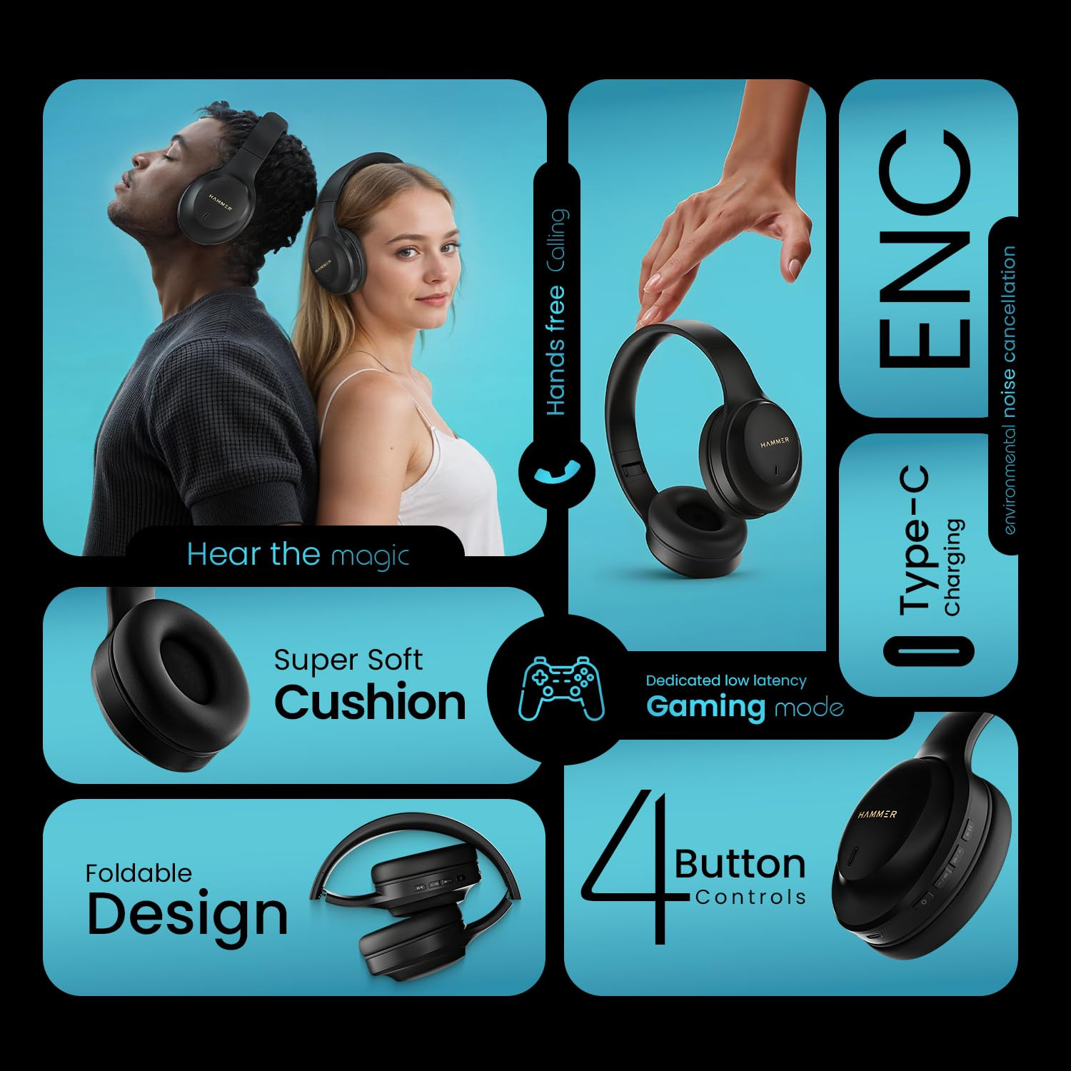 HAMMER Vibe ENC Bluetooth Headphone 40mm Driver Dual Pairing 50hrs Playtime Voice Assistant BT V54 Game Mode Soft Cushions Lightweight Headphones for Music Gaming and Calls Black