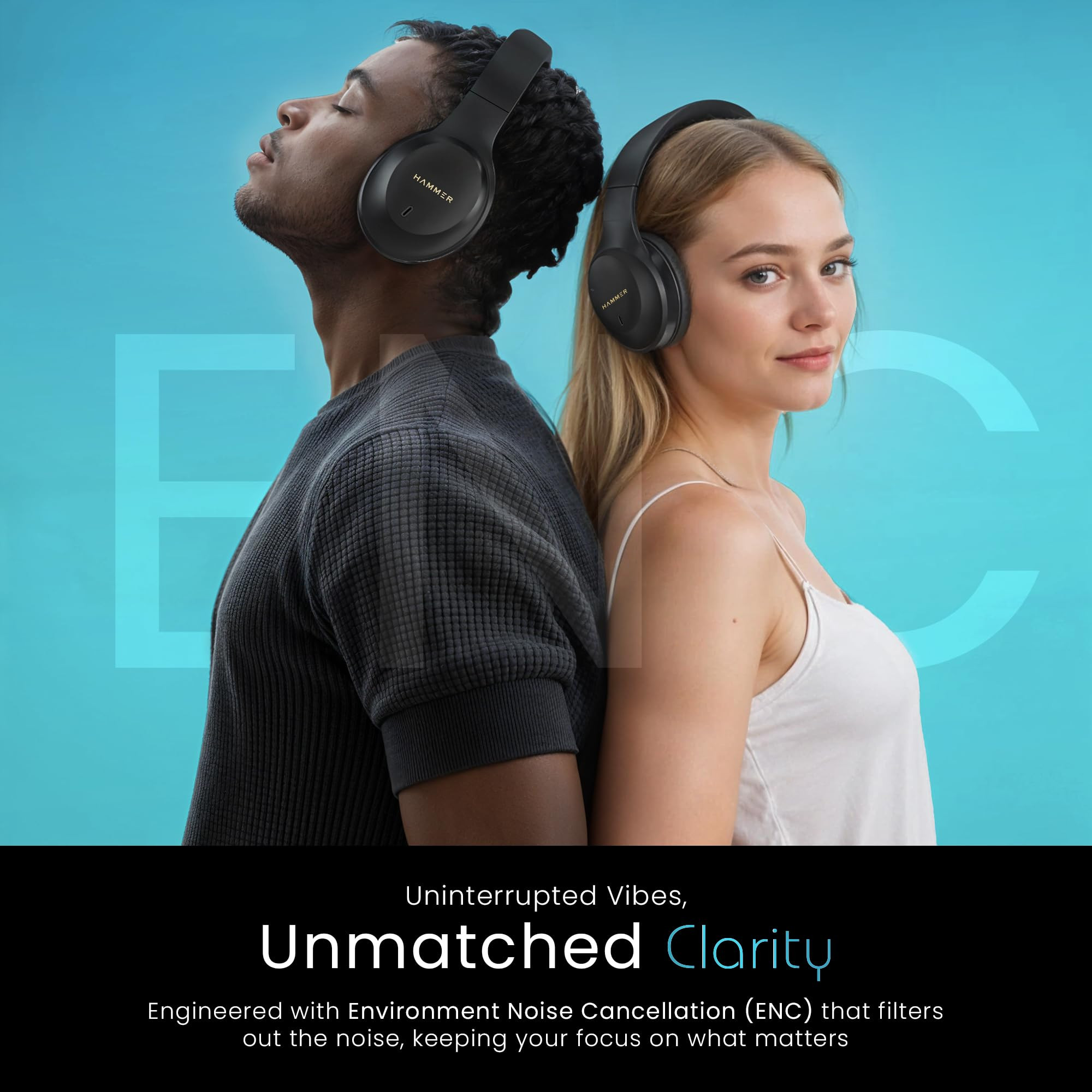 HAMMER Vibe ENC Bluetooth Headphone 40mm Driver Dual Pairing 50hrs Playtime Voice Assistant BT V54 Game Mode Soft Cushions Lightweight Headphones for Music Gaming and Calls Black