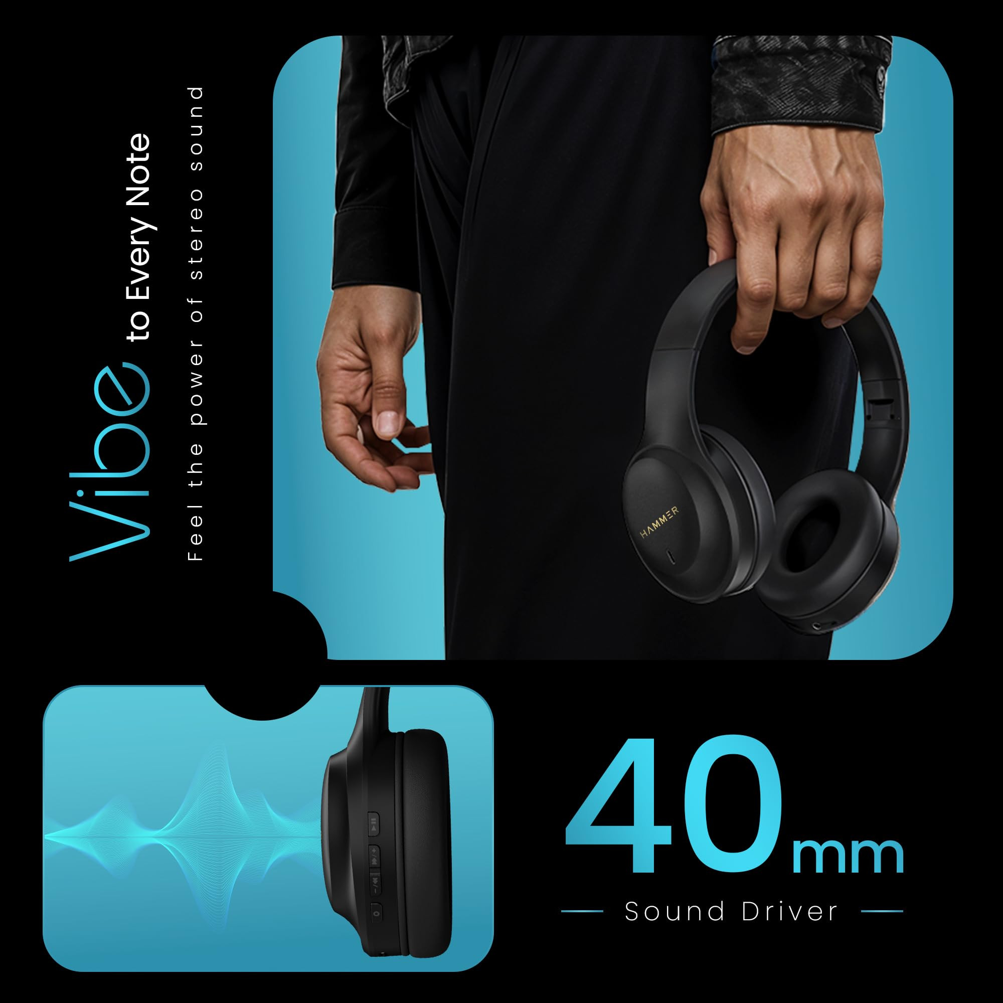 HAMMER Vibe ENC Bluetooth Headphone 40mm Driver Dual Pairing 50hrs Playtime Voice Assistant BT V54 Game Mode Soft Cushions Lightweight Headphones for Music Gaming and Calls Black
