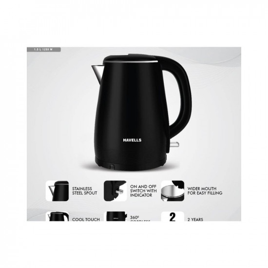 Havells Altro 15 Litre Double Wall Kettle 304 Stainless Steel Inner BodyCool Touch Outer BodyWider Mouth 2 Year Warranty Black 1250 Watt