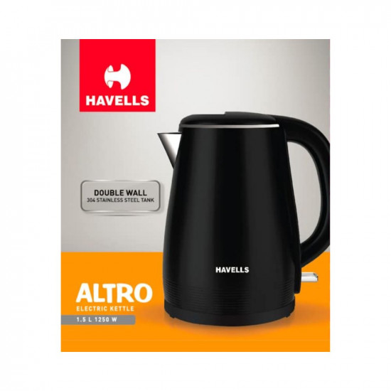 Havells Altro 15 Litre Double Wall Kettle 304 Stainless Steel Inner BodyCool Touch Outer BodyWider Mouth 2 Year Warranty Black 1250 Watt