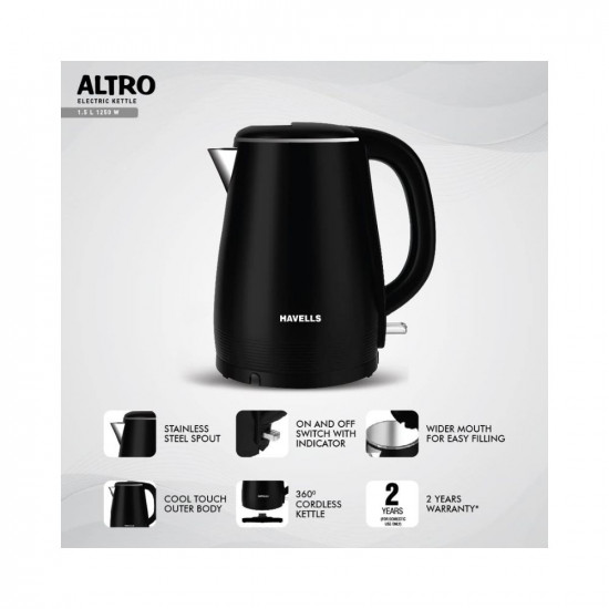Havells Altro 15 Litre Double Wall Kettle 304 Stainless Steel Inner BodyCool Touch Outer BodyWider Mouth 2 Year Warranty Black 1250 Watt