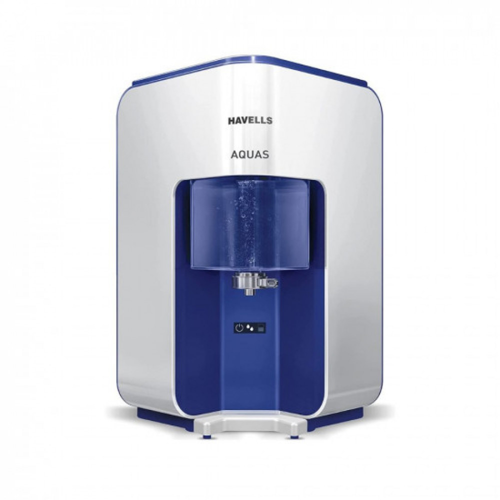 Image of Havells AQUAS Water Purifier, First corner mounting design (Patented)|Copper+Zinc+pH Balance+Natural Minerals|5 stage Purification|7L Transparent Tank|RO+UF Purification Tech. (White and Blue)