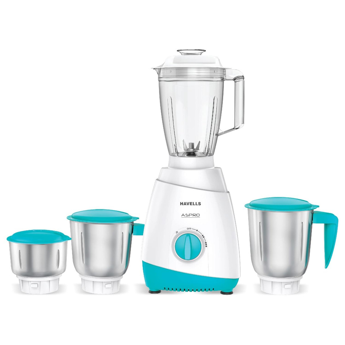 Havells Aspro 4 Jar 500 watt Mixer Grinder with 175Ltr Polycarbonate Jar with Fruit Filter 21000 RPM Overload Protector 2 Yr Product 5 Yr Motor Warranty White and Light Blue