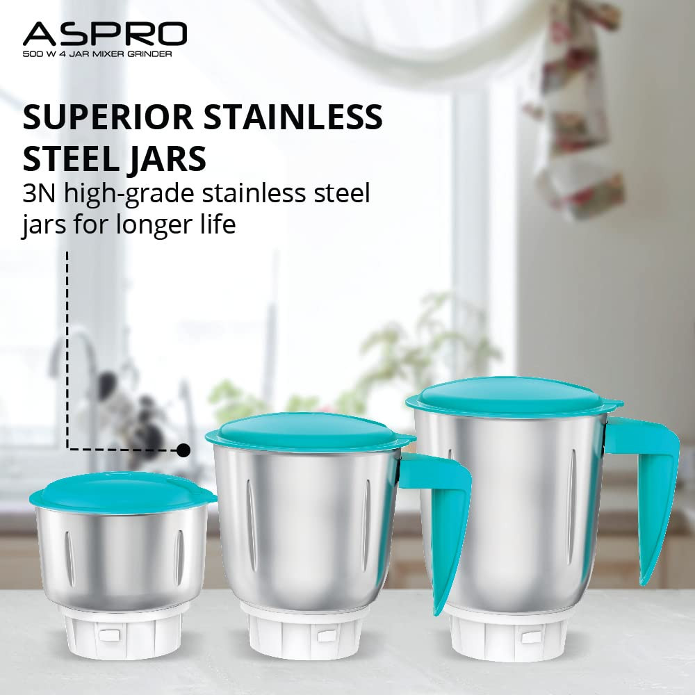 Havells Aspro 4 Jar 500 watt Mixer Grinder with 175Ltr Polycarbonate Jar with Fruit Filter 21000 RPM Overload Protector 2 Yr Product 5 Yr Motor Warranty White and Light Blue