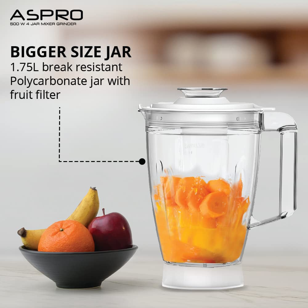 Havells Aspro 4 Jar 500 watt Mixer Grinder with 175Ltr Polycarbonate Jar with Fruit Filter 21000 RPM Overload Protector 2 Yr Product 5 Yr Motor Warranty White and Light Blue