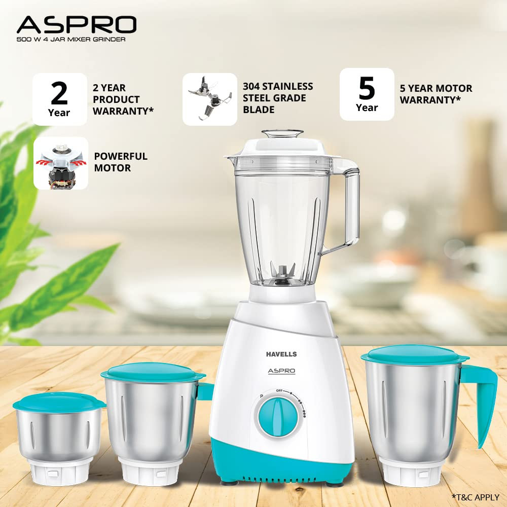 Havells Aspro 4 Jar 500 watt Mixer Grinder with 175Ltr Polycarbonate Jar with Fruit Filter 21000 RPM Overload Protector 2 Yr Product 5 Yr Motor Warranty White and Light Blue