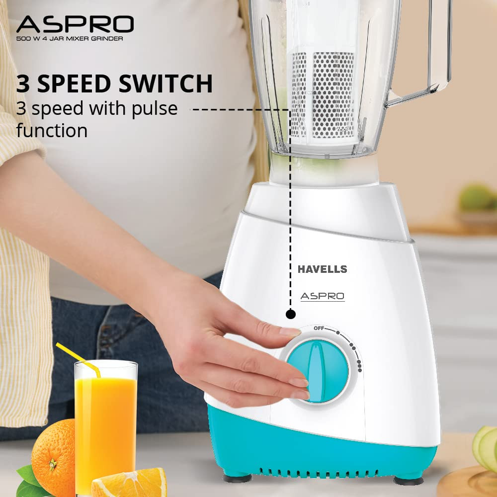 Havells Aspro 4 Jar 500 watt Mixer Grinder with 175Ltr Polycarbonate Jar with Fruit Filter 21000 RPM Overload Protector 2 Yr Product 5 Yr Motor Warranty White and Light Blue