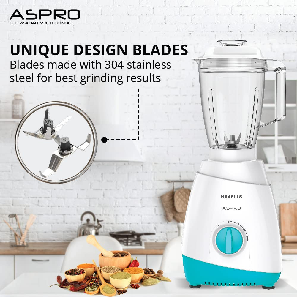 Havells Aspro 4 Jar 500 watt Mixer Grinder with 175Ltr Polycarbonate Jar with Fruit Filter 21000 RPM Overload Protector 2 Yr Product 5 Yr Motor Warranty White and Light Blue