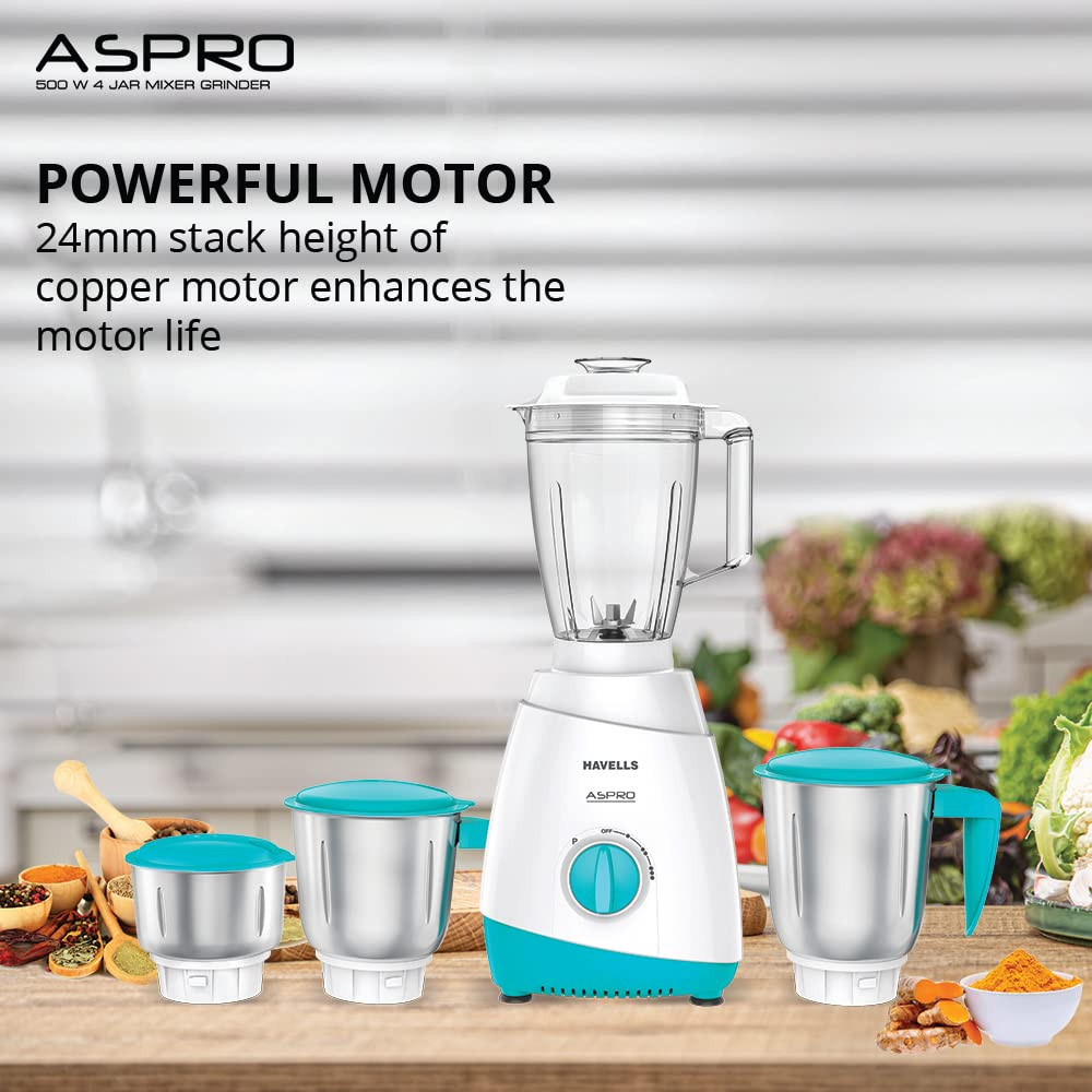 Havells Aspro 4 Jar 500 watt Mixer Grinder with 175Ltr Polycarbonate Jar with Fruit Filter 21000 RPM Overload Protector 2 Yr Product 5 Yr Motor Warranty White and Light Blue