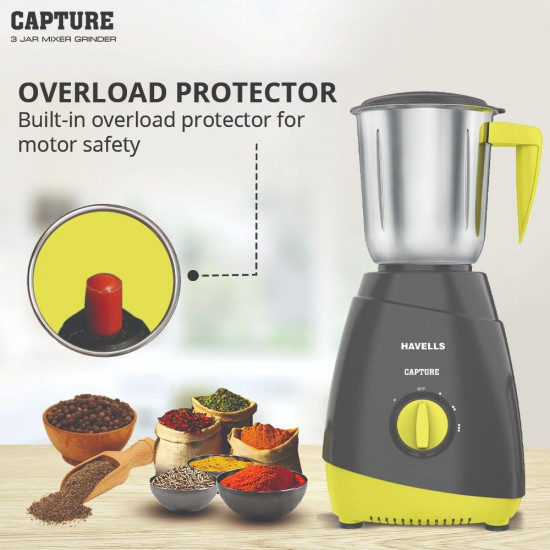 Havells Capture 500W 3 Jar Mixer Grinder High Speed 21000 RPM Motor 304 SS Blades 5 Years Motor Warranty with Overload Protector 15 Ltr Bigger Size Blending Jar I Grey Green