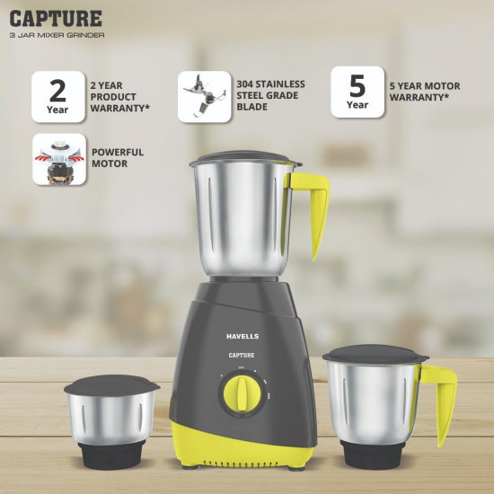 Havells Capture 500W 3 Jar Mixer Grinder High Speed 21000 RPM Motor 304 SS Blades 5 Years Motor Warranty with Overload Protector 15 Ltr Bigger Size Blending Jar I Grey Green