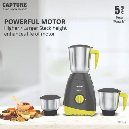 Havells Capture 500W 3 Jar Mixer Grinder High Speed 21000 RPM Motor 304 SS Blades 5 Years Motor Warranty with Overload Protector 15 Ltr Bigger Size Blending Jar I Grey Green
