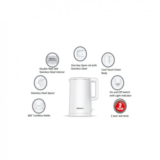 Havells Caro 15 litre Double Wall 304 Stainless Steel Inner Body Cool touch outer body Wider mouth 2 Year warranty White 1250 Watt