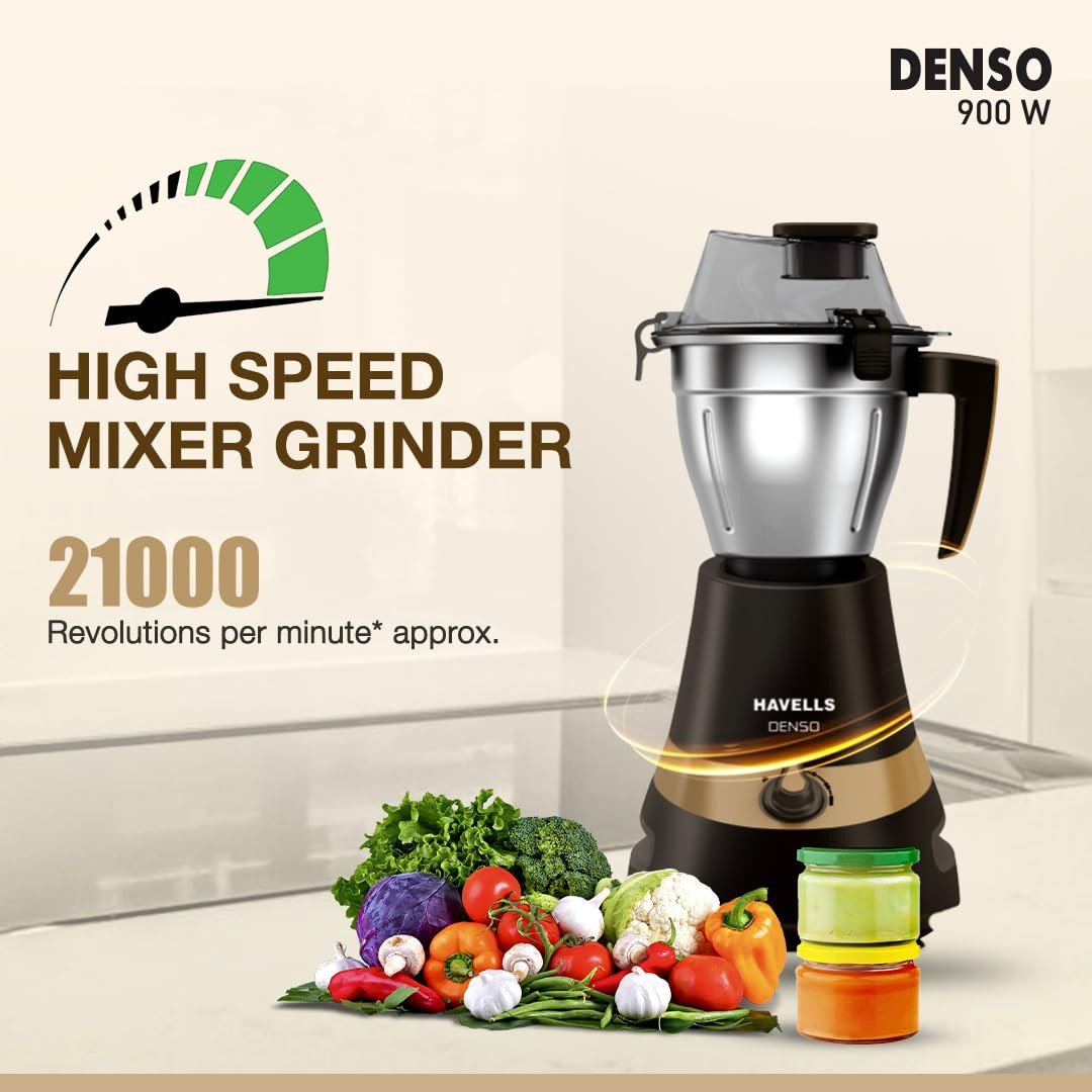 Havells Denso Heavy Duty 900 Watts 3 Jar Mixer Grinder Ball Bearing Copper Motor 21000 RPM Large Size Break Resistant Alluminium Collar Jars with Flow Breaker 5Years Motor Warranty Dark Brown