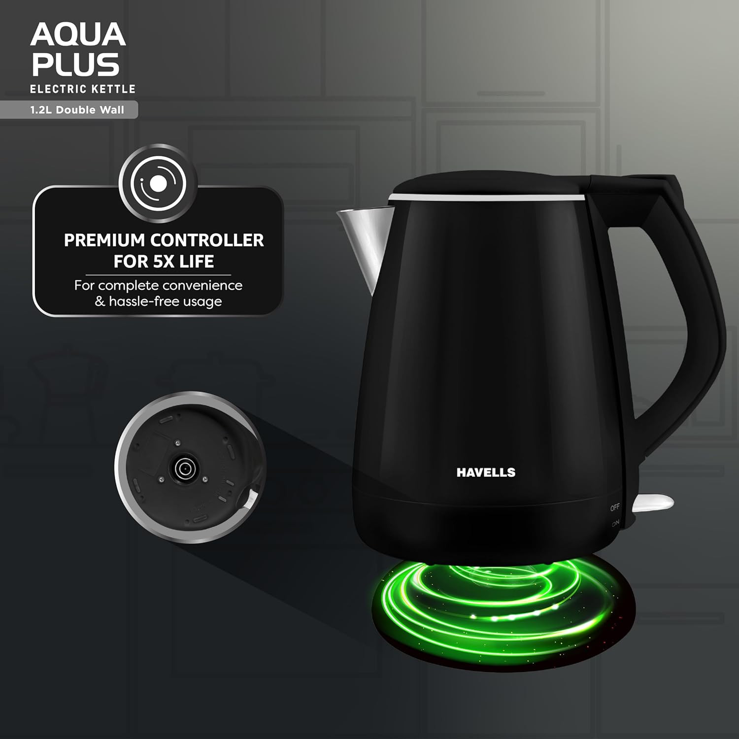 Havells Electric Kettle Aqua Plus 1250 Watts 12 liters Double Layered Cool Touch Outer Body 304 Rust Resistant SS Inner Body with Auto Shut Off Wider Mouth 2 Yr Manufacturer Warranty Black