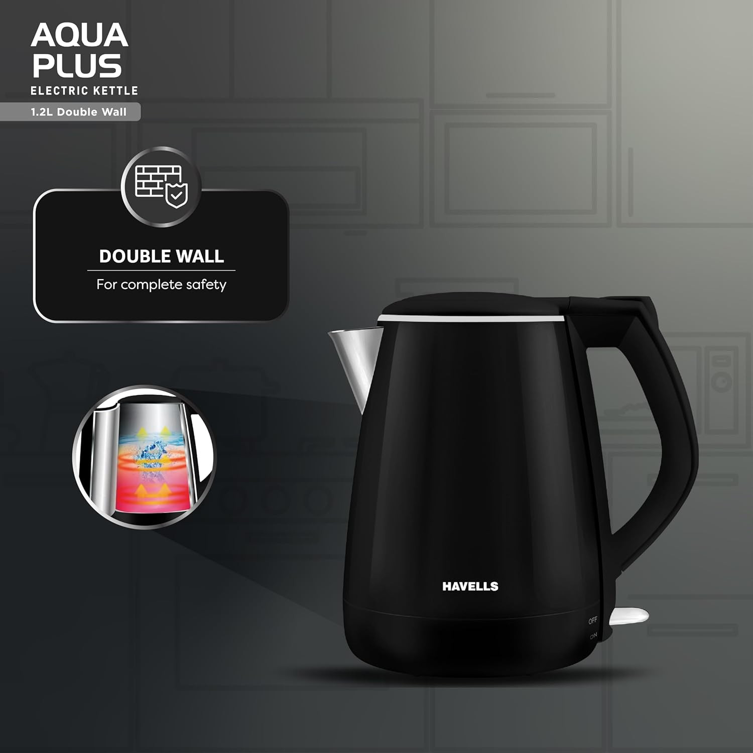 Havells Electric Kettle Aqua Plus 1250 Watts 12 liters Double Layered Cool Touch Outer Body 304 Rust Resistant SS Inner Body with Auto Shut Off Wider Mouth 2 Yr Manufacturer Warranty Black
