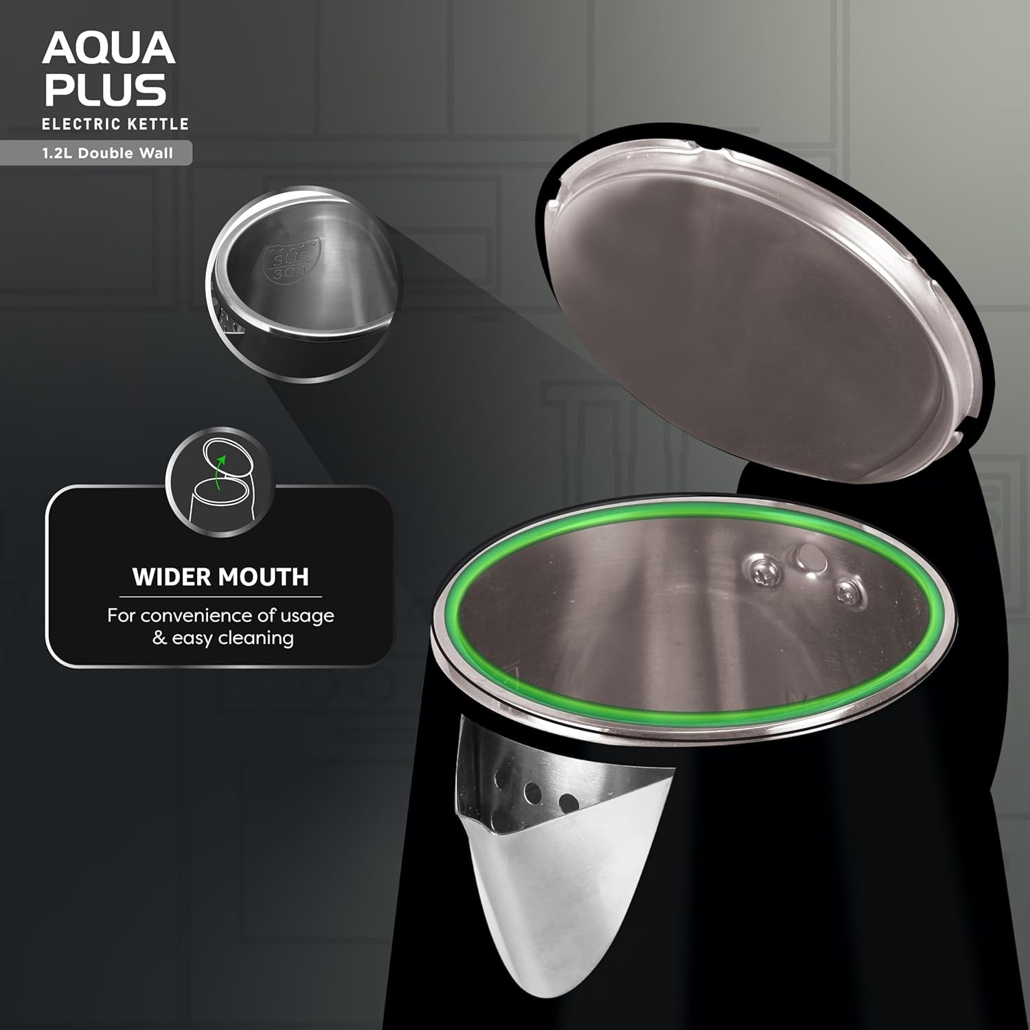 Havells Electric Kettle Aqua Plus 1250 Watts 12 liters Double Layered Cool Touch Outer Body 304 Rust Resistant SS Inner Body with Auto Shut Off Wider Mouth 2 Yr Manufacturer Warranty Black