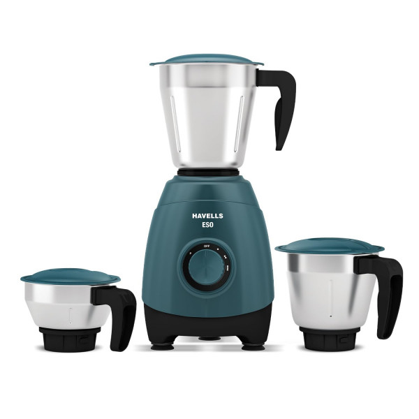 Image of Havells ESO 750 watts 3 JAR Mixer Grinder, 304 SS Blades, High Speed 21000 RPM motor, Heavy and Wider mouth SS Jars, All Jars with Handle, 2 Year Product &amp; 5 Year Motor Warranty (Teal) | ABS