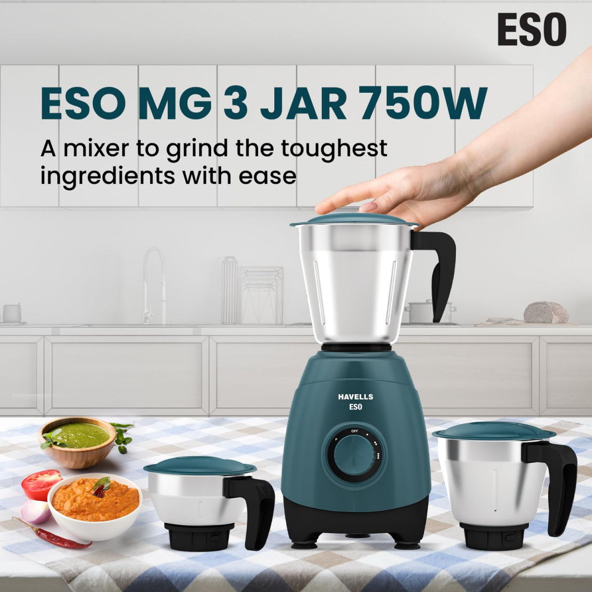 Havells ESO 750 watts 3 JAR Mixer Grinder 304 SS Blades High Speed 21000 RPM motor Heavy and Wider mouth SS Jars All Jars with Handle 2 Year Product 5 Year Motor Warranty Teal ABS