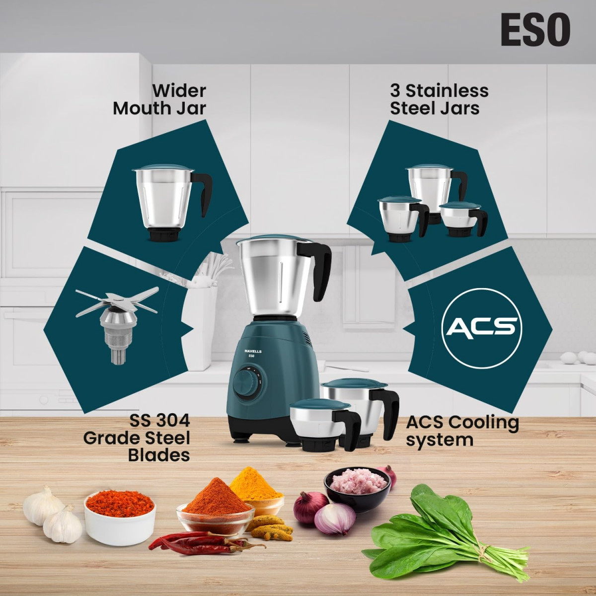 Havells ESO 750 watts 3 JAR Mixer Grinder 304 SS Blades High Speed 21000 RPM motor Heavy and Wider mouth SS Jars All Jars with Handle 2 Year Product 5 Year Motor Warranty Teal ABS