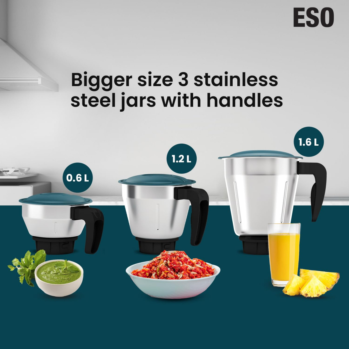 Havells ESO 750 watts 3 JAR Mixer Grinder 304 SS Blades High Speed 21000 RPM motor Heavy and Wider mouth SS Jars All Jars with Handle 2 Year Product 5 Year Motor Warranty Teal ABS