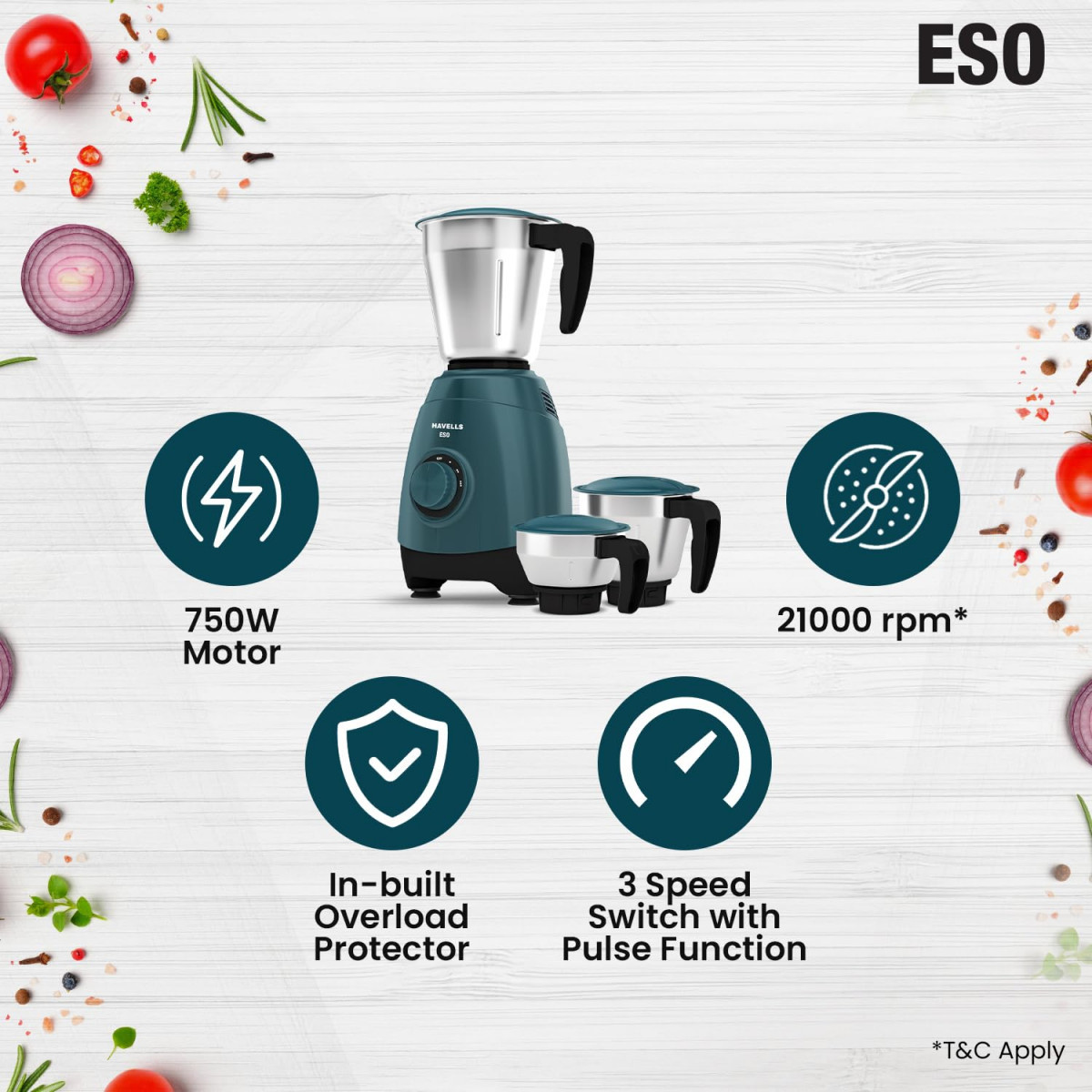 Havells ESO 750 watts 3 JAR Mixer Grinder 304 SS Blades High Speed 21000 RPM motor Heavy and Wider mouth SS Jars All Jars with Handle 2 Year Product 5 Year Motor Warranty Teal ABS