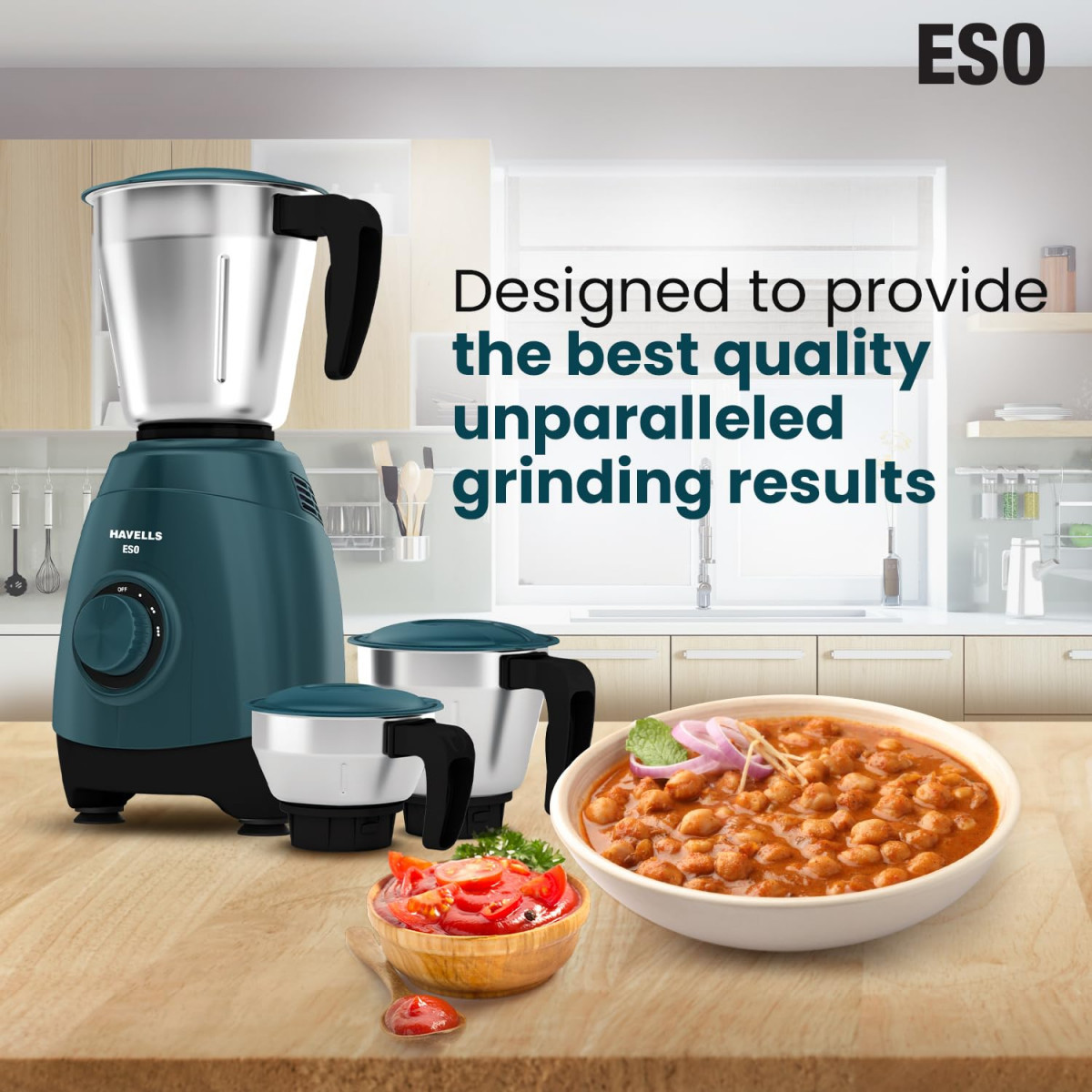 Havells ESO 750 watts 3 JAR Mixer Grinder 304 SS Blades High Speed 21000 RPM motor Heavy and Wider mouth SS Jars All Jars with Handle 2 Year Product  5 Year Motor Warranty Teal  ABS