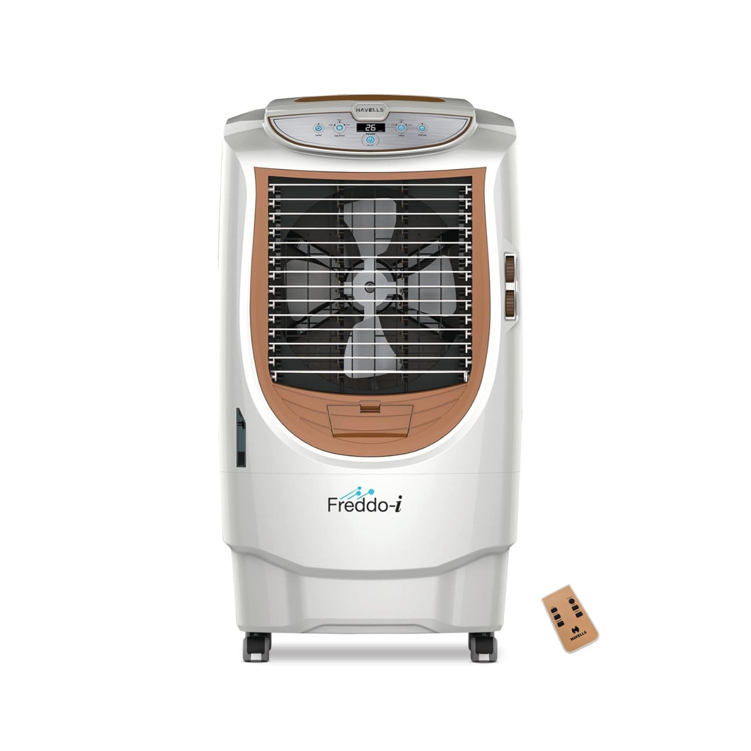 Havells Freddo-i 70L Air Cooler for home Electronic Panel with Remote Powerful Air Delivery Everlast Pump High Density Honeycomb Pads Auto Drain Heavy Duty WhiteBrown