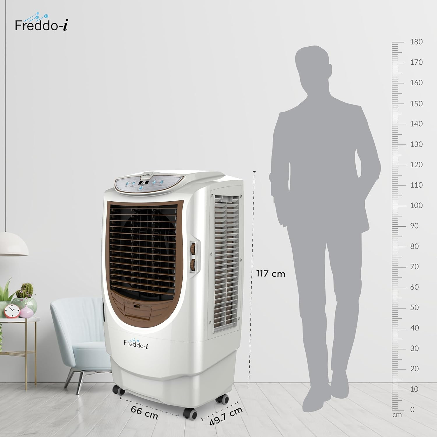 Havells Freddo-i 70L Air Cooler for home Electronic Panel with Remote Powerful Air Delivery Everlast Pump High Density Honeycomb Pads Auto Drain Heavy Duty WhiteBrown