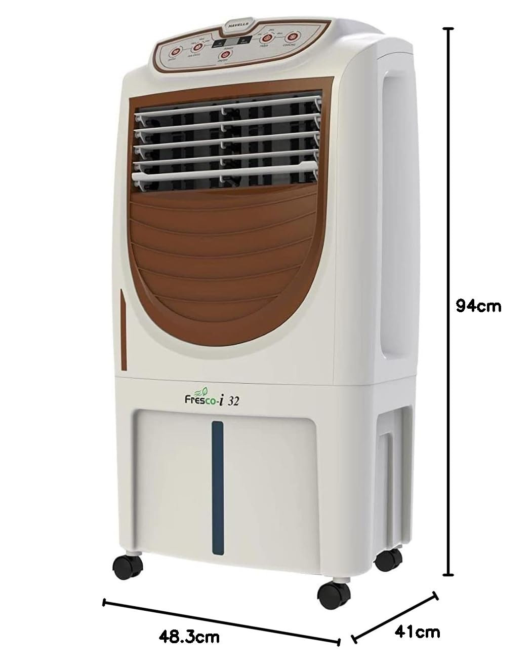 Havells Fresco-i 32L Personal Air Cooler for home Powerful Air Delivery High Density Honeycomb Pads Auto Drain Humidity Control Dust Filter Net Overload Protection Heavy Duty WhiteBrown