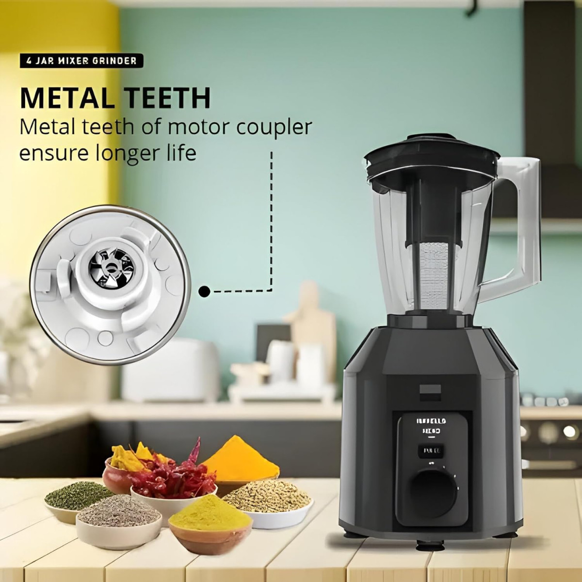 Havells Hexo Plus 1100 watts 4 Jar Mixer Grinder I 25 Kg Double Ball Bearing Copper Motor I 22000 RPM I 100 Minutes Run Time I Metal Teeth Coupler Jar Base IPolycarbonate Jar Lids with Lock