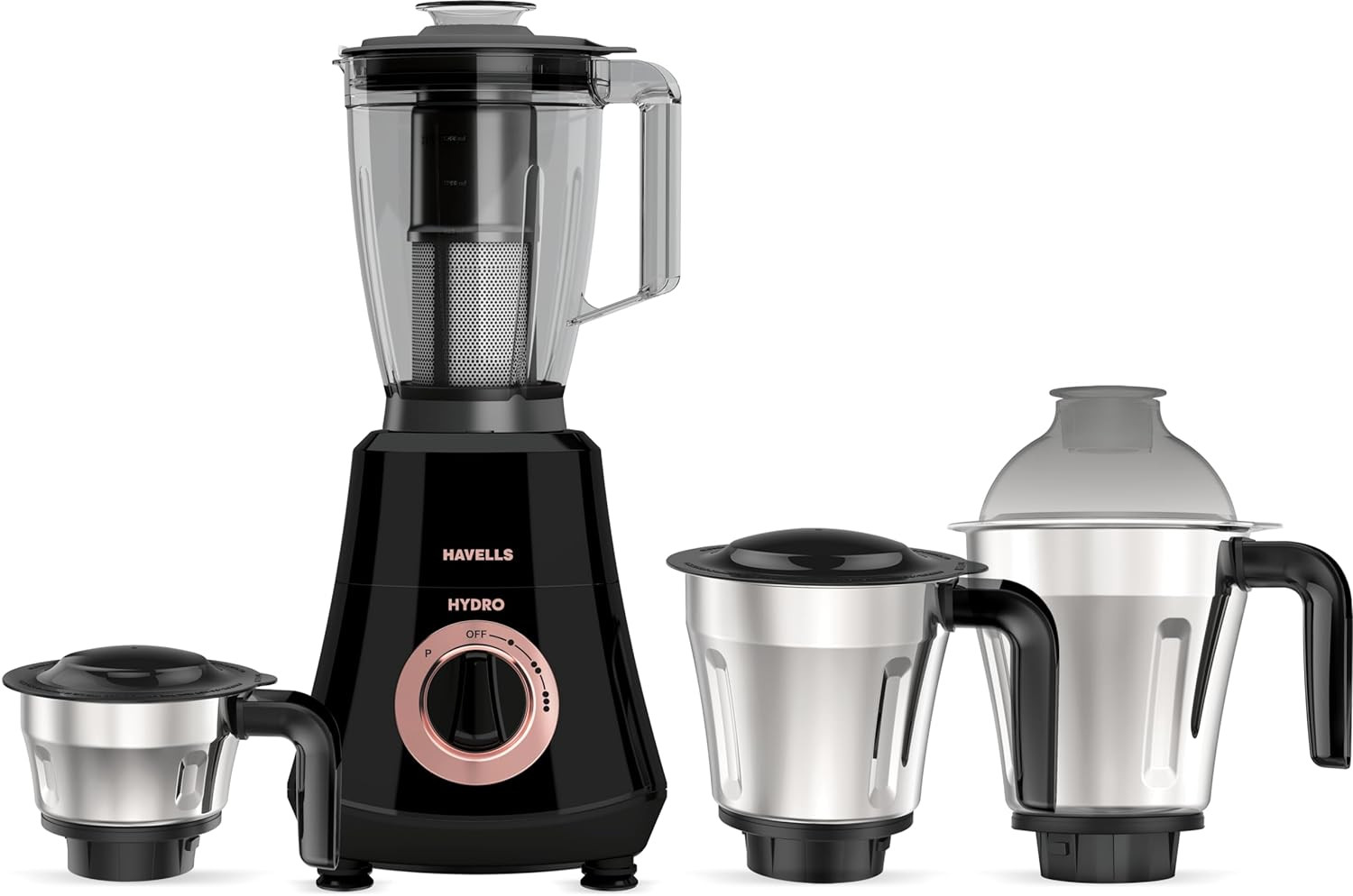 Havells Hydro Plus 1000 watt 4 Jar Mixer Grinder with Ball Bearing Motor 22000 RPM Wider mouth Stainless Steel Jar Hands Free operation SS-304 Grade Blade 5 year motor warranty
