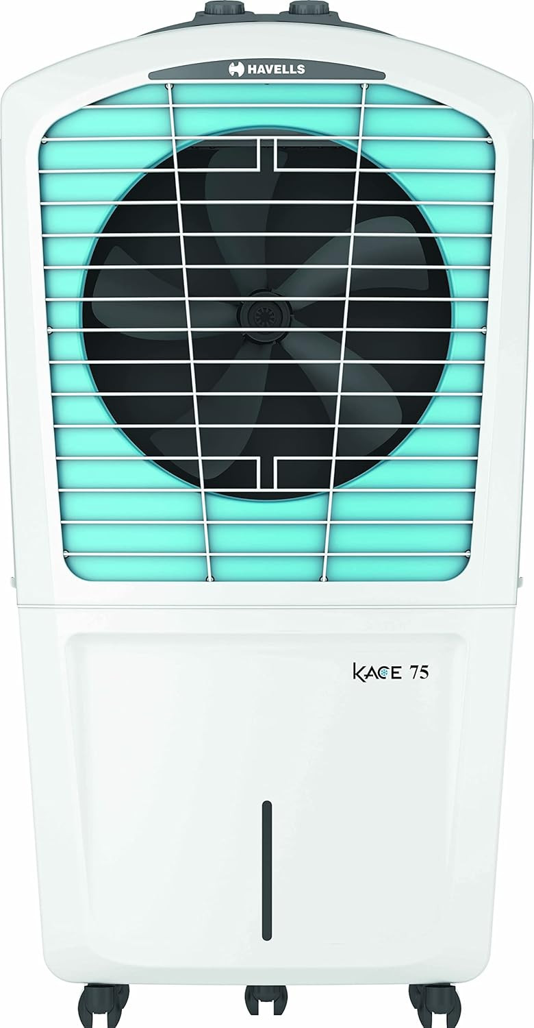 Havells Kace 75L Desert Air Cooler for home Powerful Air Delivery Everlast Pump Ice Chamber 3 Side High Density Honeycomb Pads Heavy Duty WhiteBlue