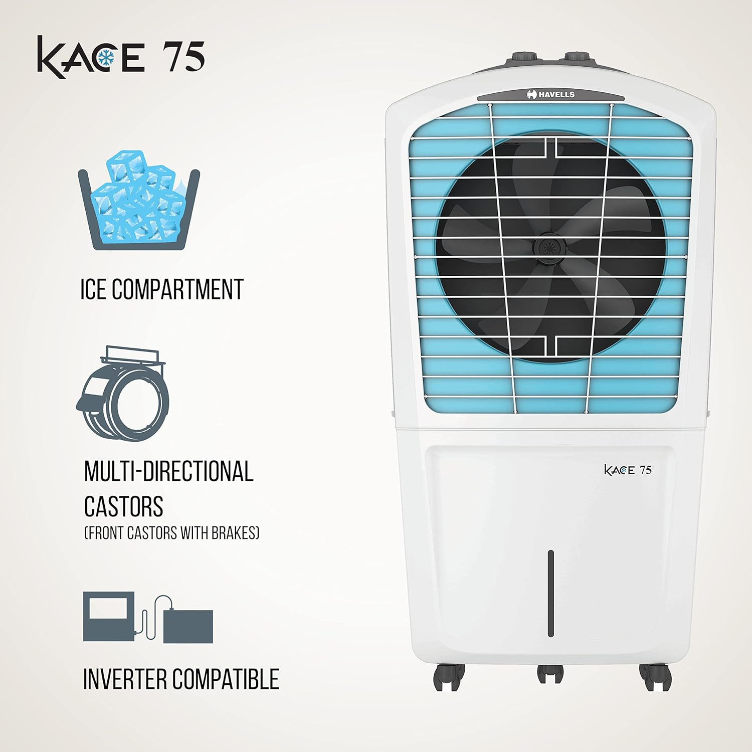 Havells Kace 75L Desert Air Cooler for home Powerful Air Delivery Everlast Pump Ice Chamber 3 Side High Density Honeycomb Pads Heavy Duty WhiteBlue